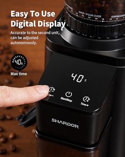 SHARDOR Conical Burr Coffee Grinder Electric with Electronic Precision Timer, Coffee Bean Grinder with Adjustable 48 Precise Grind Settings for Home Use, Touch Screen, Anti-static, Black