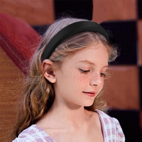 SuPoo Padded Headbands Black Headbands for Women Soft Thick Hairbands 1.1 inch Preppy Head Band Non Slip Fashion Satin Silky Hair Band Hoop Trendy y2k Hair Accessories diademas para mujer de moda