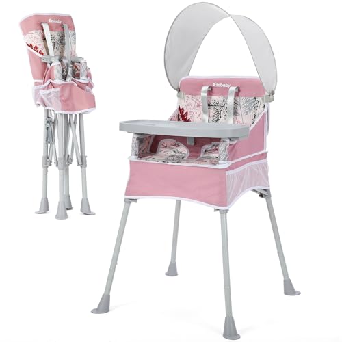 Ezebaby Baby Portable High Chair with Sun Canopy, Foldable High Chairs for Babies and Toddlers with Detachable Tray and 5-Point Harness, Travel High Chair for Indoor and Outdoor Use, Pink