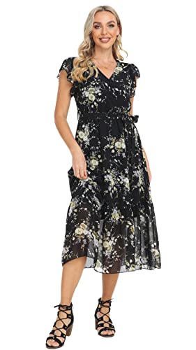 VintageClothing Womens Sundress Casual Floral Summer Boho Dress Flowy Wrap V Neck Ruffle A-Line Pleated Hem Midi Dresses, L