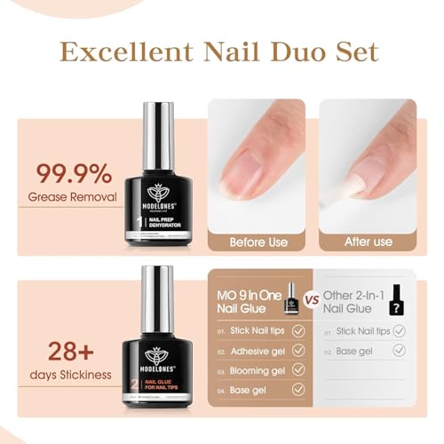 Modelones 9 in One Nail Glue Gel Nail Prep Dehydrate Gel Nail Kit Nail Extension Set for False Nail Tips/Acrylic Nails/Base Gel/Bloom Gel/Adhesive Bond, Long Lasting Curing Needed