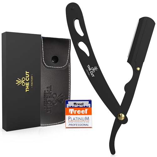 The Cut- Factory- Straight Razor with 100 Pack Platinum Treat Professional Barber Single Blade Edge Razors for Men for Close Shaving 100 Percent Stainless Steel-Black