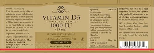 Solgar Vitamin D3 (Cholecalciferol) 25 mcg (1000 IU) - Helps Maintain Healthy Bones & Teeth - Immune System Support - Non-GMO, Gluten Free, Dairy Free, Kosher - Unflavored, 180 Count