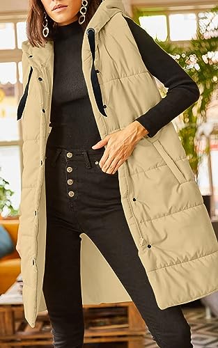 Grlasen Women's Long Quilted Puffer Vest Sleeveless Hooded Button Down Padded Coats Jacket Outerwear with Pockets