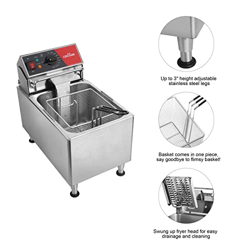 CROSSON ETL Listed 15Lbs Electric Deep Fryer with No-Assembling-Needed Solid Basket,Lid and Height Adjustable Legs for Restaurant Use,120V/1800W Commercial 8L Countertop Deep Fryer