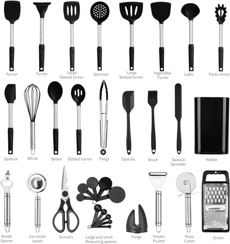 Kitchen Utensil Set-Silicone Cooking Utensils-46 Kitchen Gadgets & Spoons for Nonstick Cookware-Silicone and Stainless Steel Spatula Set-Best Kitchen Tools, Useful Pots and Pans Accessories