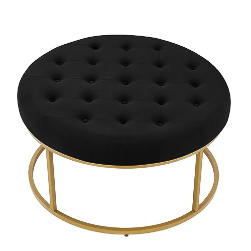 24KF Middle Century Upholstered Tufted Coffee Table with Velvet Padded Seat, Large Round Ottoman with Golden Metal Frame -5090-G-Blush