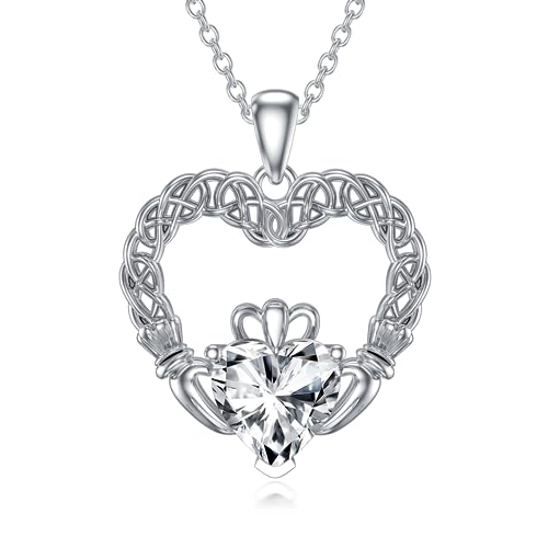 LONAGO Irish Claddagh Necklace Sterling Silver Claddagh Heart Necklace with White Crystal Gift for Women (April)