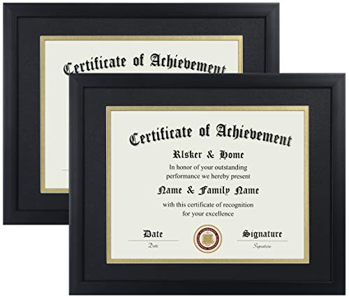 ELSKER&HOME 8.5x11 Certificate Frame - Classic Black Color Frame - Displays Diploma 8.5x11 Inch with Mat - 11x14 Inch Without Mat - For Document/Photo(2 Pack, Matte Black with Gold Rim)