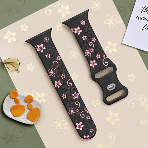 Floral Engraved Bands Compatible with Apple Watch Band 41mm 40mm 44mm 45mm 42mm 38mm 49mm for Women,Cute Flower iWatch Bands Soft Silicone Sport Strap for iWatch Series SE 9 8 7 6 5 4 3 2 1 Ultra