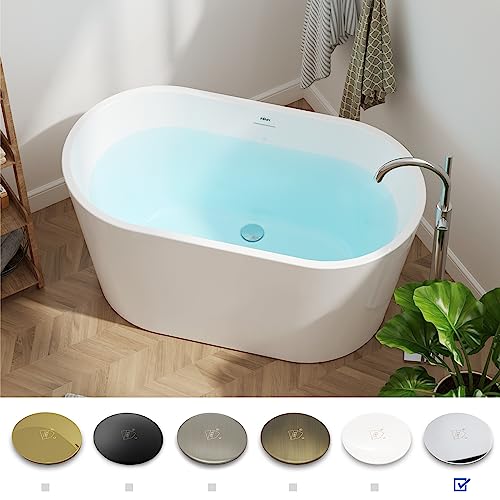 FerdY Shangri-La 47" Acrylic Freestanding Bathtub, Small Classic Oval Shape Acrylic Soaking Bathtub with Chrome Drain & Minimalist Linear Design Overflow, Modern White, cUPC Certified