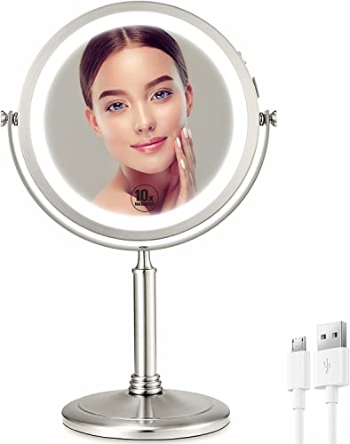 VESAUR Detachable 10X Lighted Makeup Mirror, 4000mAh High-capacity Cordless Rechargeable Vanity Mirror, 8" 2-Sided HD Magnifying Mirror with 3 Colors Dimmable, 360° Swivel Travel Make Up Mirror-Nickel