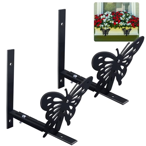 HLC Window Box Brackets 4 Pack, Flower Planter Box Brackets for Railing Planter with Butterfly, Brackets for Window Boxes with Adjustable Bottom (Front to Back) 6 to 12 Inches