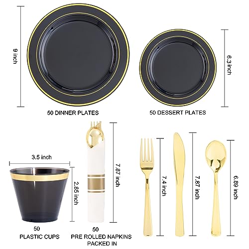 WDF Partyware 350 Pieces Black and Gold Plastic Plates with Disposable Silverware, Include 50 Dinner Plates 9”, 50 Dessert Plates 6.3”, 50 Gold Rim Black Cups 9 OZ, 50 Pre Rolled Napkins Packed in