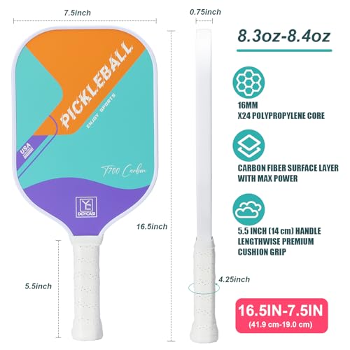 YC DGYCASI 16mm Pickleball Paddles Professional, USAPA Approved, T700 Carbon Fiber Pickleball Paddle Thermoformed, High Grit & Spin, 5.5” Elongated Handle, Handle Girth 4.25”, 8.3oz, with Cover Case