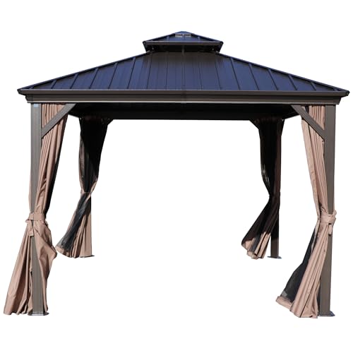 Kozyard Caesar 10'x10' Hardtop Gazebo - Permanent Metal Pavilion with Netting and Shaded Curtains for Patio, Backyard, and Deck - Galvanized Steel Outdoor Aluminum Canopy, Double Roof Gazebo (Brown)
