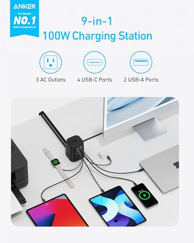 Anker Charging Station (100W), 9-in-1 USB C Power Strip with 300J Surge Protection, for iPhone 15 and MacBook, 5 ft Flat Cable and Plug, 4 USB C and 2 USB A Ports, 3 AC Outlets, for Home, Office