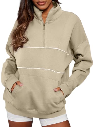 BLENCOT Women's Half Zip Contrast Stitch Sweatshirts Long Sleeve Fleece Striped Drop Shoulder Pullover Workout Tops Apricot M