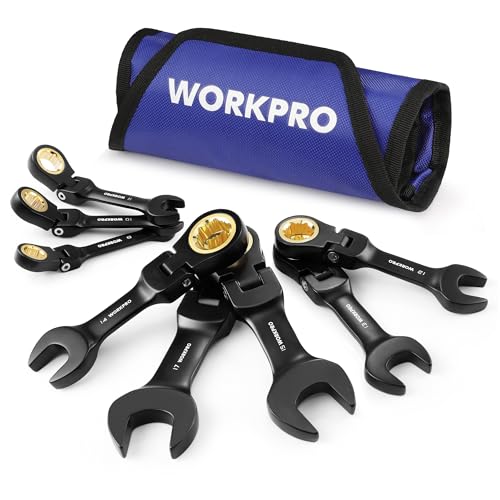 WORKPRO 8-Piece Stubby Anti-slip Ratcheting Combination Wrench Set, SAE 5/16-3/4 in, 72-Teeth, CRV, Black Electrophoretic Coating, Flex-Head Wrench Set with Rolling Pouch