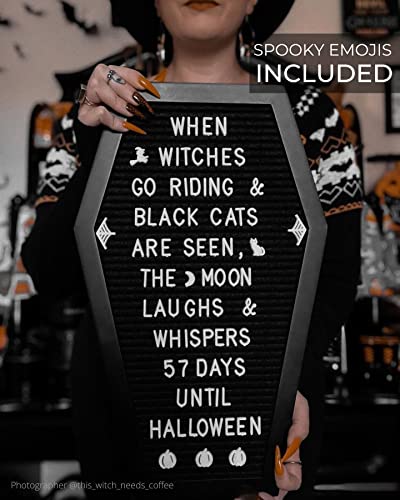 Coffin Letter Board Black With Spooky and All Seasons Emojis +500 Characters, and Wooden Stand - 17x10.5 Inches - Gothic Halloween Decor Spooky Gifts Decorations