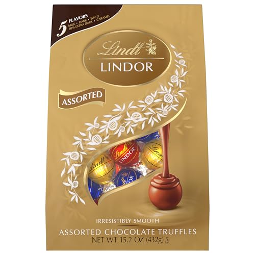 Lindt LINDOR Assorted Chocolate Candy Truffles, Chocolate with Smooth, Melting Truffle Center, 15.2 oz. Bag