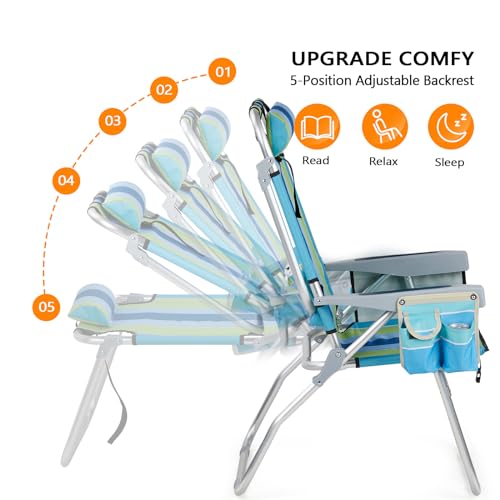 VINGLI Backpack Beach Chair 2 Pack, with 5-Position, Cup Holders, Cooler Bag, Towel Bar, Lightweight Folding Beach Camping Chairs for Adults(Blue-13)