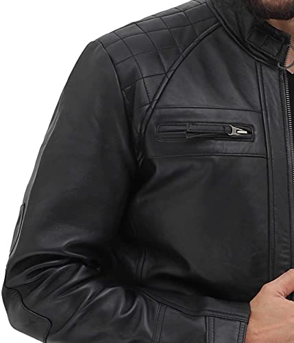 fjackets Real Lambskin Leather Biker Jacket — Quilted Cafe Racer Zip Up Moto Leather Jacket Men | [1103177] Diamond1 Camel,XXXL