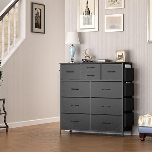Lulive Dresser for Bedroom with 10 Drawers, Chest of Drawers with Side Pockets and Hooks, PU Storage Dresser, Organizer Unit for Living Room, Hallway, Closet (Black)