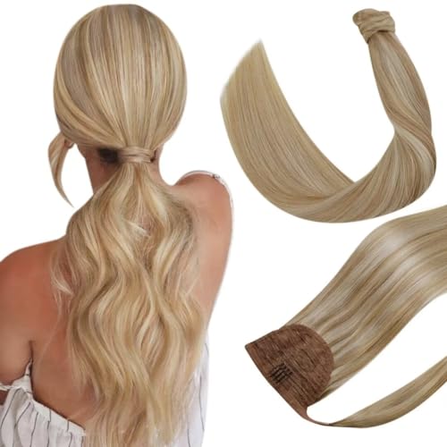 Hetto Blonde Highlighted Wrap Around Ponytail Human Hair 18 Inch 80g Long Ponytail Extension Human Hair Brown Highlight Blonde Magic Paste Ponytail Hair Extensions