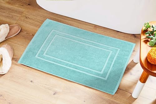 Feather & Stitch 2 Piece Towel Like Bath Mats (30x21 Inch) 100% Cotton Terry Mat, Non-Slip Hotel, Spa, Shower Floor Mats [NOT A Bathroom Rug], Soft Absorbent Washable Mats - Sky Blue