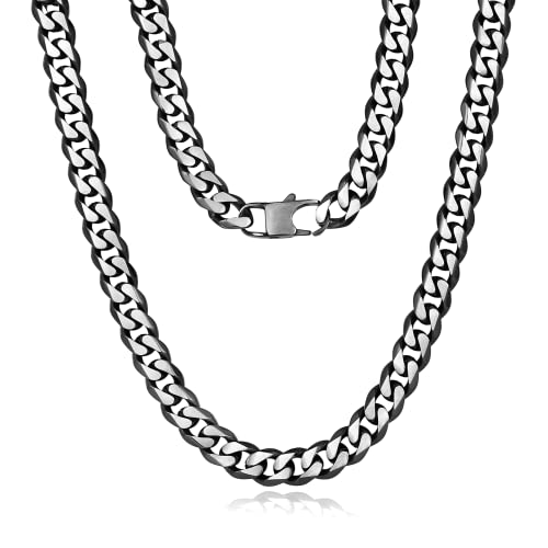 YAMI Cuban Link Chain for Men Women, 6/8/10/12 mm Mens Necklace, Two Tone Silver to Blue/Black/Gold Stainless Steel Cuban Necklace, 18/20/22/24/26 Inches Solid Diamond-Cut Chain Necklace Hip-Hop Gifts