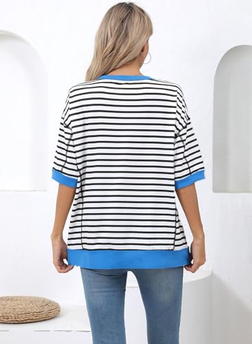 GUNEST Womens Summer Tops Blue Striped Casual Crewneck Short Sleeve Sweatshirt Striped Color Block Trendy Pullover Knitted T Shirts Blouse