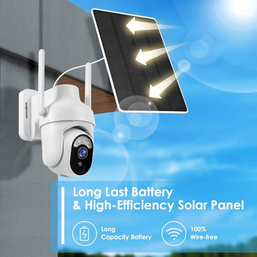 Cameras for Home Security, 360° PTZ Solar Camera Outdoor Wireless with Motion Detection, 2K Color Night Vision, 2-Way Talk, Spotlight/Siren, Waterproof, Cloud/SD Storage Battery Powered WiFi Camera