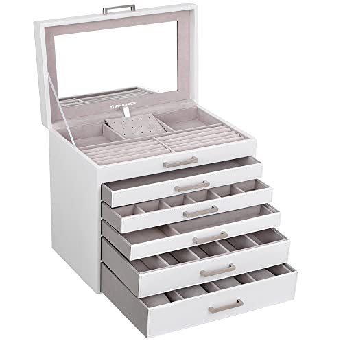 SONGMICS Jewelry Box, 6-Tier Jewelry Organizer, Large Jewelry Case with Big Mirror, 5 Drawers, Large Capacity, Jewelry Storage, Modern Style, Gift for Loved Ones, White UJBC138