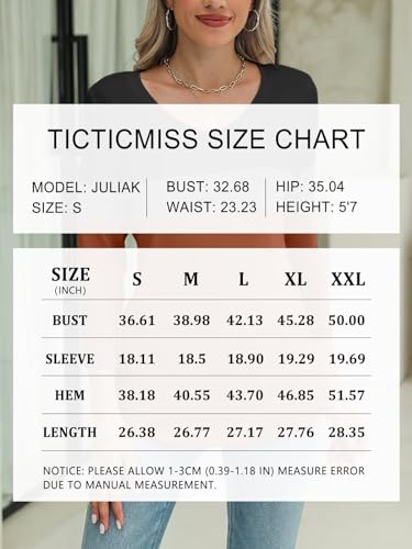 TICTICMISS Women's V Neck 3/4 Sleeve Tops Solid Shirts Basic Summer Tees B-Black