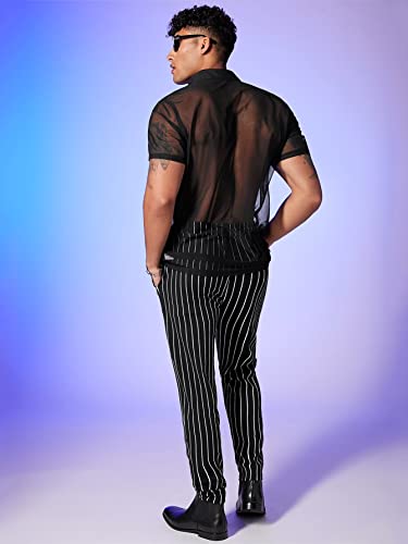 Verdusa Men's Sheer Mesh Button Up Shirt See Through Short Sleeve Top Black X-Small