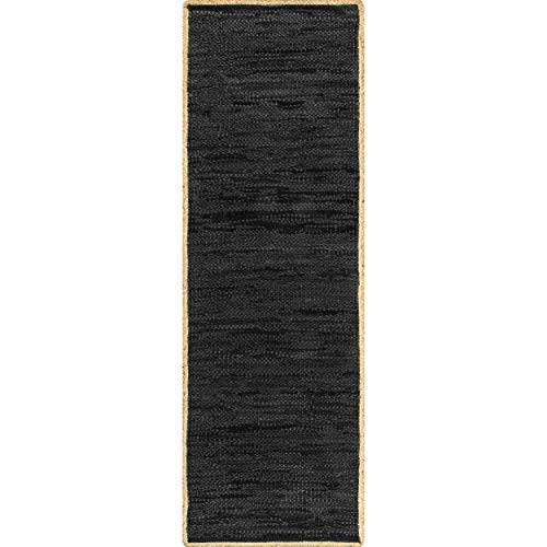 nuLOOM Sabby Hand Woven Leather Flatweave Runner Rug, 2' x 6', Black