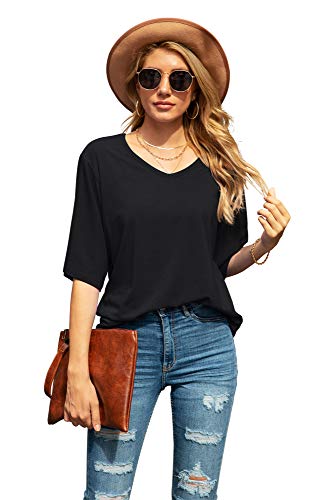 SUEANI Women's Summer V-Neck 3/4 Bell Sleeve Loose Shirt Casual Basic Top(Medium, VG Cerise)
