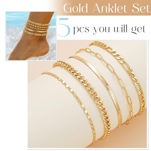 iF YOU Gold Ankle Bracelets for Women, 14k Gold Plated Waterproof Cuban Link Chain Anklets Set, Layered Anklet Bracelets for Women Beach Gift Adjustable Size 5pc (Style1-gold)