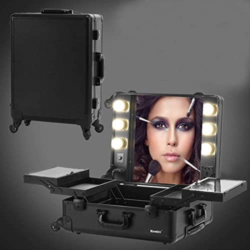 Kemier Makeup Case,Professional Artist Studio Cosmetic Train Table w/4 Rolling Wheels & Lights & Mirror,Pro Makeup Station,Cover Board and Easy Clean Extendable Trays,Adjustable Legs,Sturdy (Black)