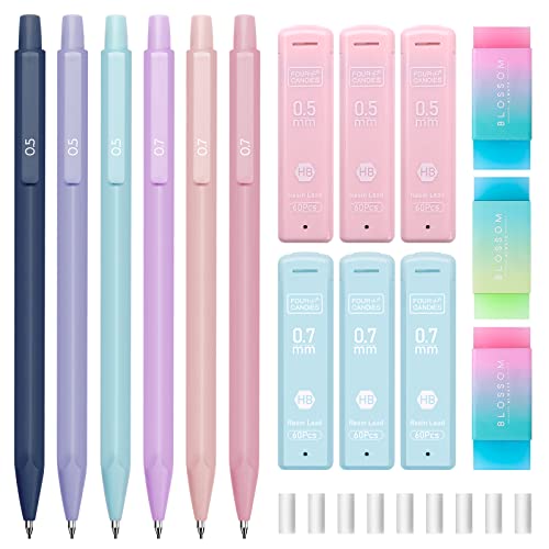 Four Candies Cute Mechanical Pencil Set, 6PCS Pastel Mechanical Pencils 0.5 & 0.7mm with 360PCS HB Pencil Leads, 3PCS Erasers and 9PCS Eraser Refills, Aesthetic Mechanical Pencils for Girls Writing