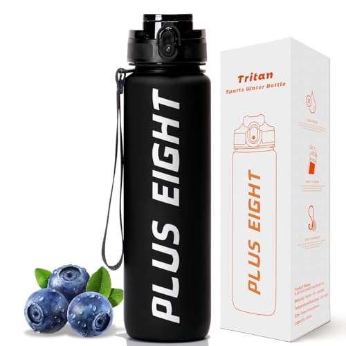 pluseight Sports Water Bottle, 32 oz Motivational Water Bottles with Time Marker to Drink, Leak-Proof Tritan BPA-Free with Carrying Strap for Women Men Gym Fitness Outdoor (Black Matte)