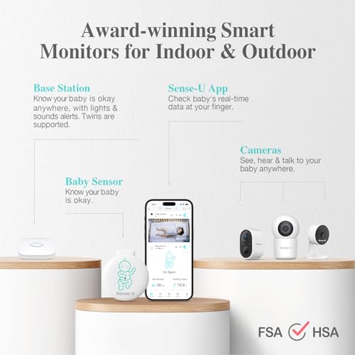 Sense-U Smart Baby Monitor Pro(Long Range)+2K PTZ Camera: Track Abdominal Movement with Arousal Vibration, Rollover, Feeling Temp, 2K Video, Background Sound & Motion Detection, No Monthly Fee