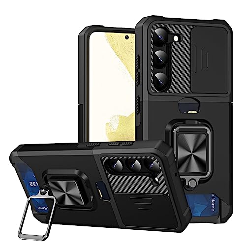 Mavis's Diary Galaxy S24 Kickstand Case, Heavy Duty Shell with Slide Camera Cover, Rotatable Ring Holder Stand, Shockproof Rugged Protective Case for Samsung Galaxy S24 (Black)