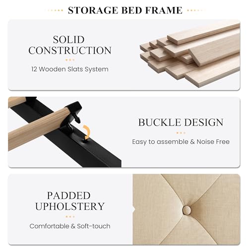 SHA CERLIN Upholstered King Size Platform Bed Frame with 4 Storage Drawers, Adjustable Headboard with Diamond Stitched Button Tufted Design, Wooden Slat Support, No Box Spring Needed, Black