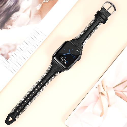 Ruibopad Leather Strap for Apple Watch Bands 40mm 41mm 38mm, Cute Slim Chain Bracelet for iWatch Bands Series 9 SE 8 7 6 5 4 3 2 1, Thin Genuine Leather Wristband for Apple Watch Women Men Black