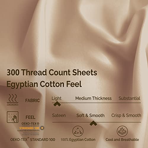 Superior Egyptian Cotton 300 Thread Count Bed Sheet Set, 1 Elastic Deep Pocket Fitted Sheets, 1 Flat Sheet, 2 Pillowcases, Soft Bedding, Luxury Sheets, Sateen Weave, King, Tan