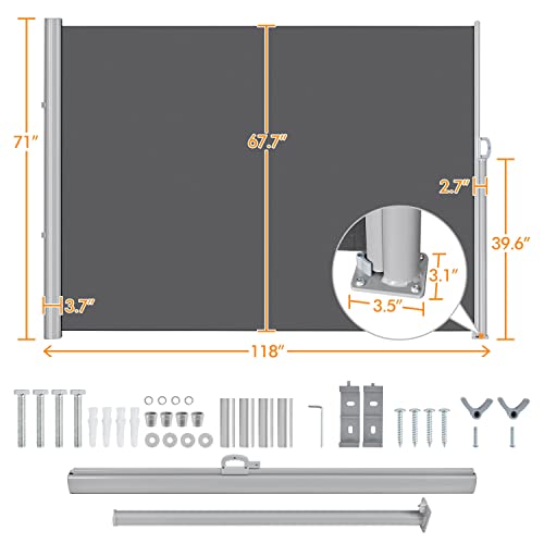 Yaheetech 236 x 63in Double Side Awning, Patio Retractable Side Screen Awning, Privacy Divider Screen w/ 280g/m² Polyester, Waterproof & UV-Resistant for Courtyard, Roof Terrace - Dark Gray