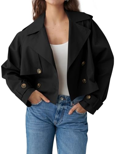 Tankaneo Womens Cropped Trench Coat Lapel Double Breasted Short Jacket Outwear with Pockets