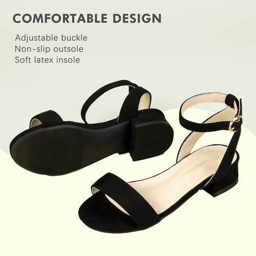PANDANINJIA Girls Sandals Low Heels Dress Shoes Open Toe Flower Girl Wedding Party for Little Big Kid Dress Sandals(Black Suede 2 M US Little Kid)